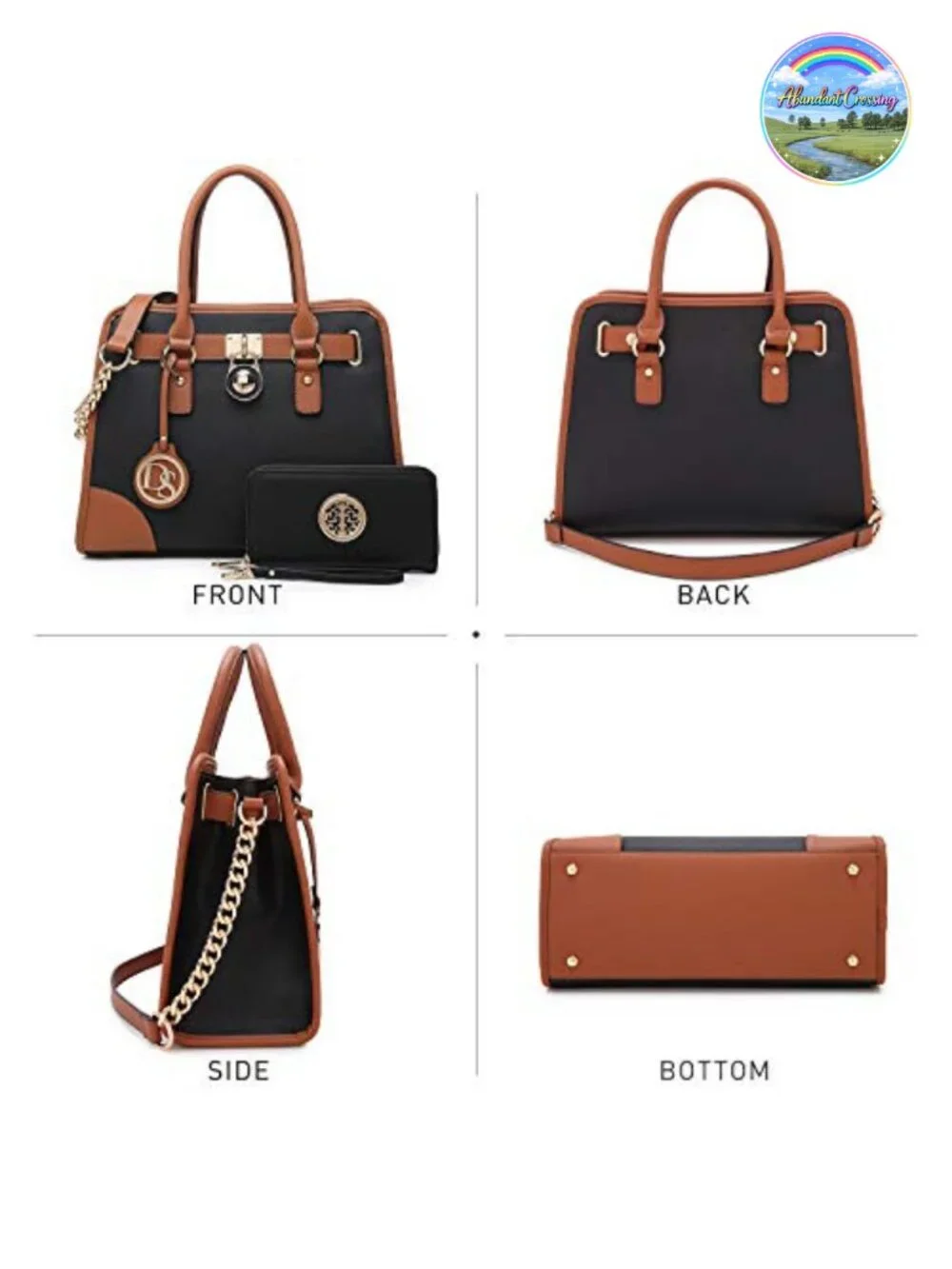 Vegan Leather Satchel Handbag Set with Wallet, Top Handle & Chain Strap, Work